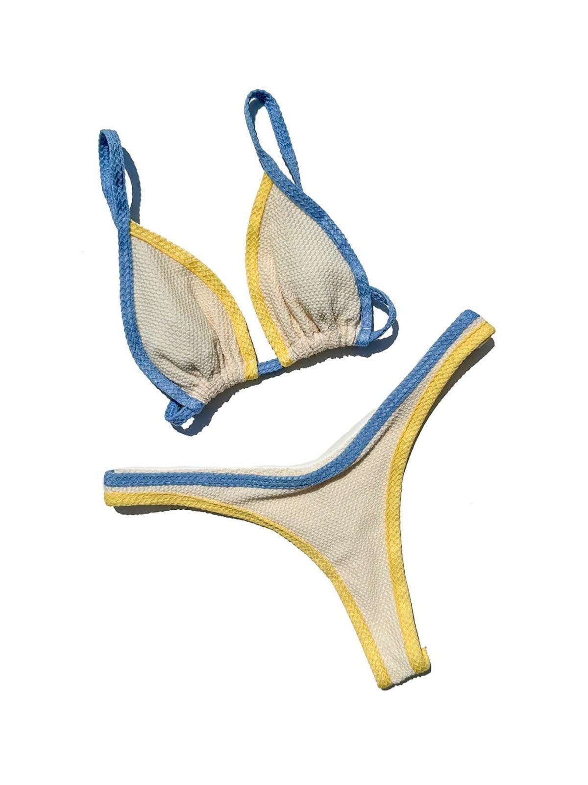 Limone bikini laid flat, in off-white, yellow and blue