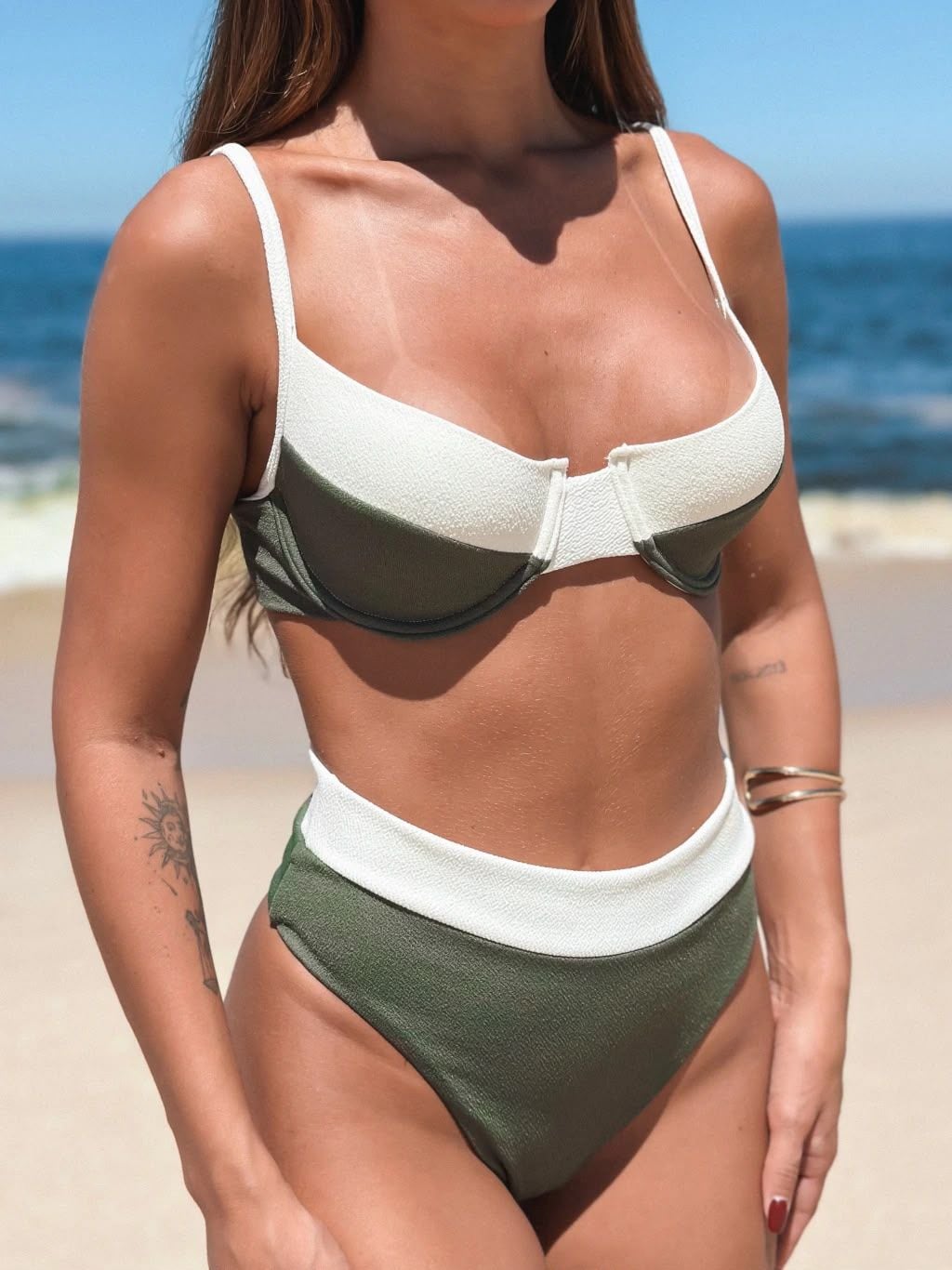Close-up of the Palazzo bikini in olive green and off-white