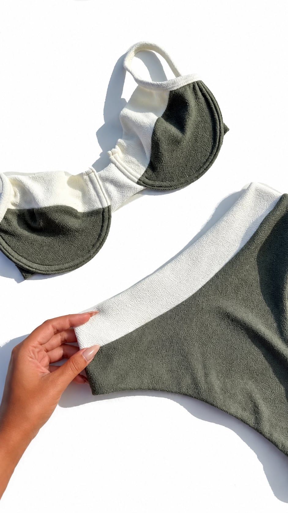 Palazzo bikini held up, in olive green and off-white