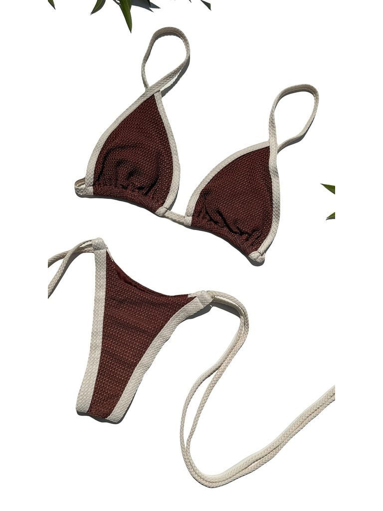 Pienza bikini laid flat, in chocolate brown and off-white