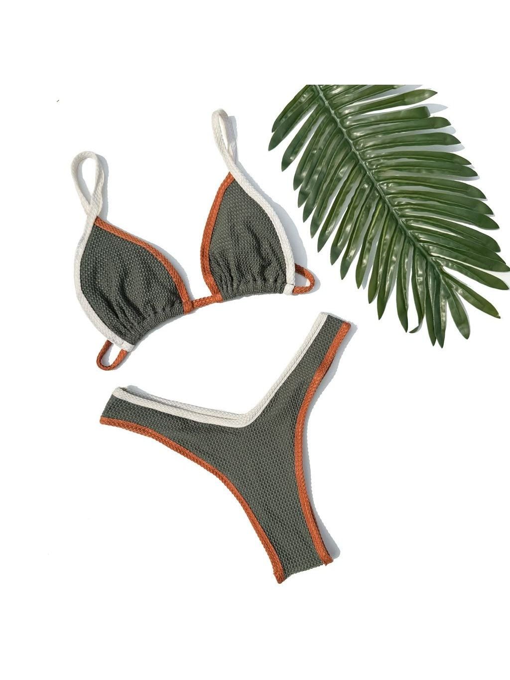Sorrento bikini laid flat, in olive green, terracotta and off-white