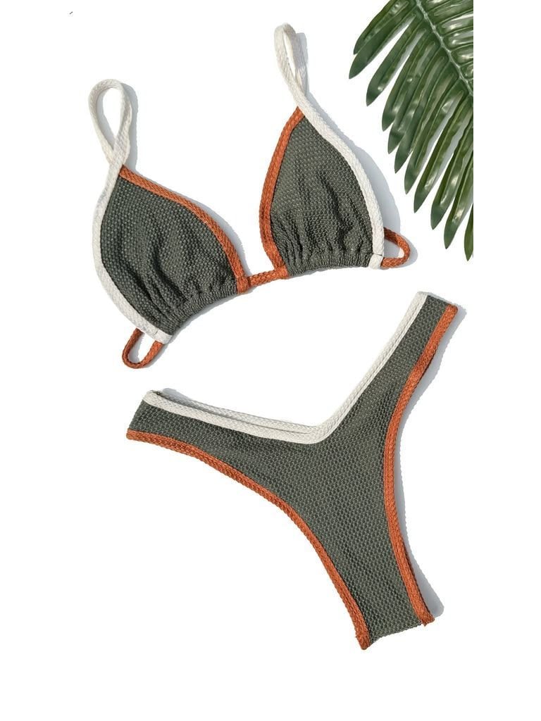 Sorrento bikini laid flat, in olive green, terracotta and off-white