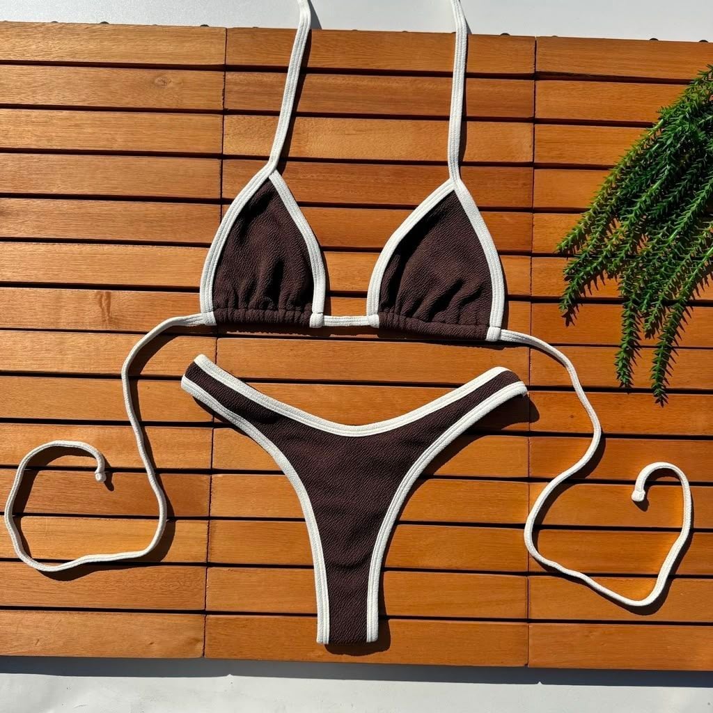 Arezzo bikini laid flat, in chocolate brown and off-white