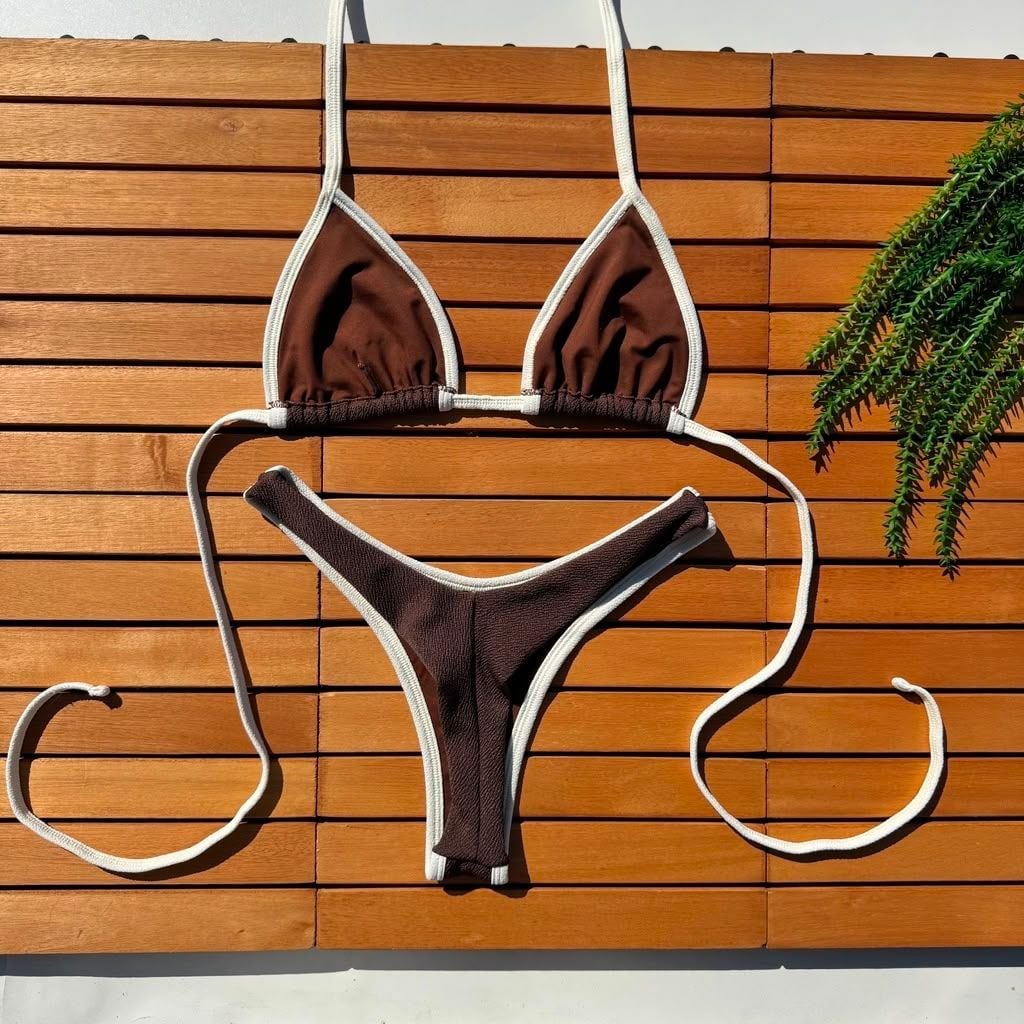 Arezzo bikini laid flat, in chocolate brown and off-white