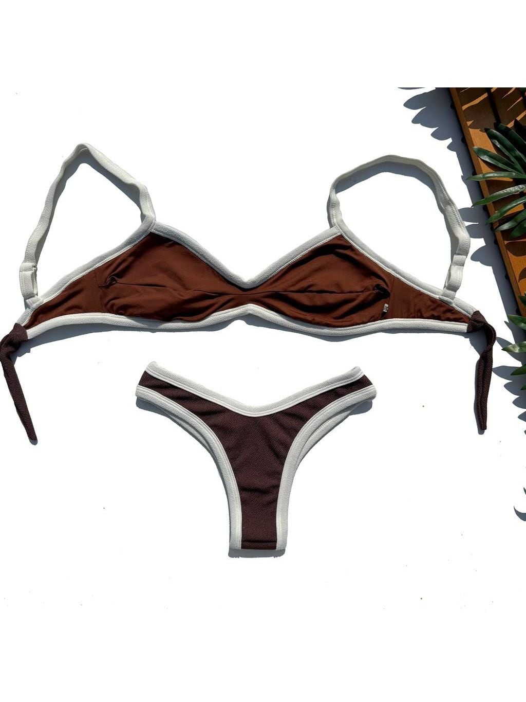Firenze bikini laid flat, in chocolate brown and off-white
