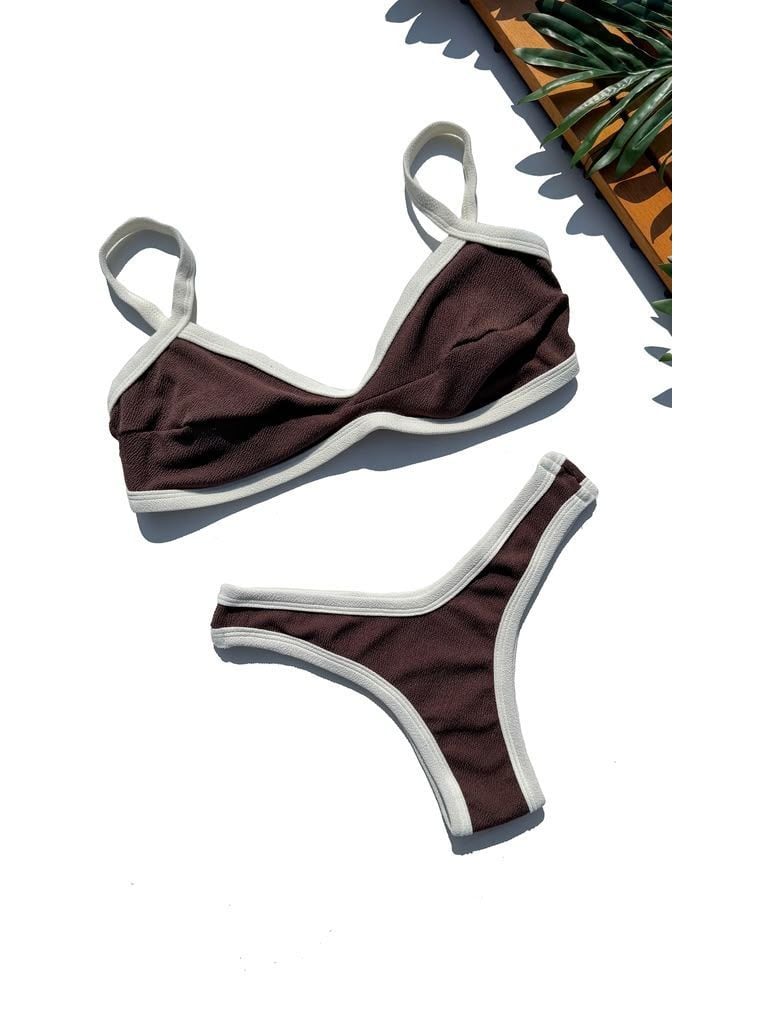 Firenze bikini laid flat, in chocolate brown and off-white