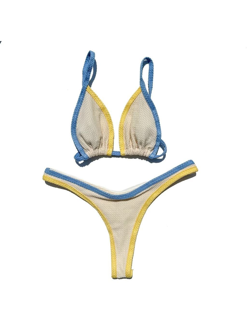 Limone bikini laid flat, in off-white, yellow and blue