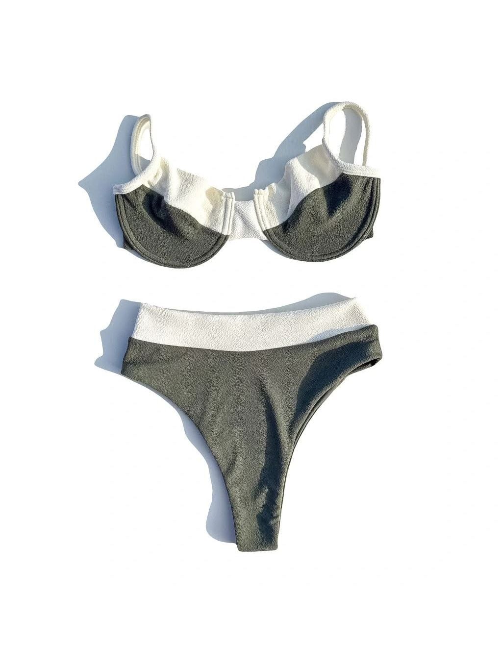 Palazzo bikini laid flat, in olive green and off-white