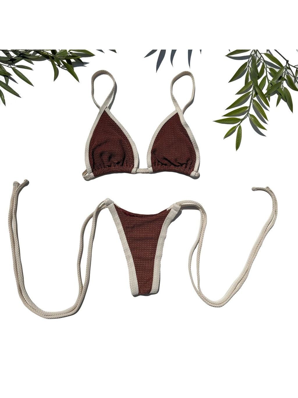 Pienza bikini laid flat, in chocolate brown and off-white