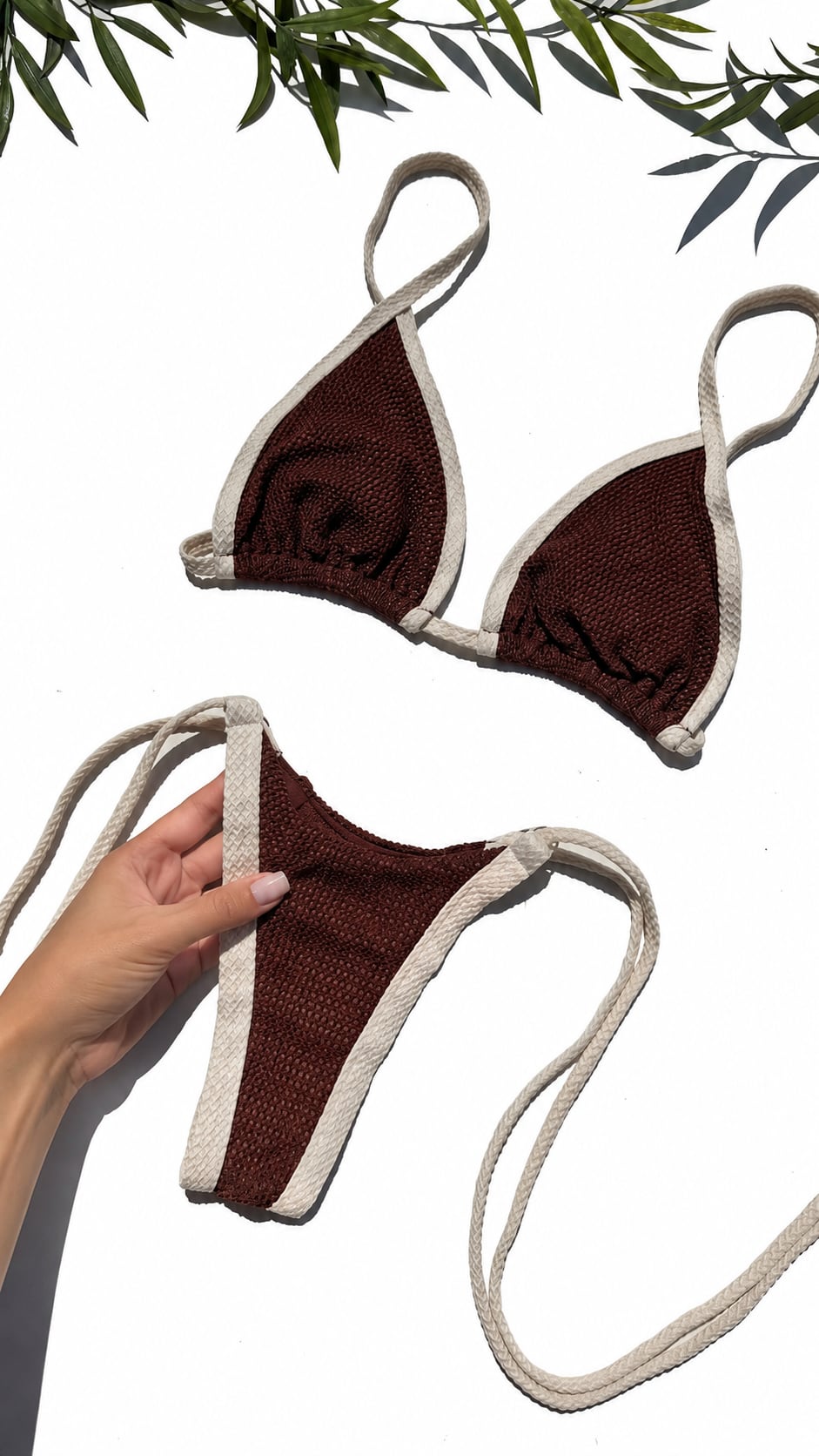 Pienza bikini held up, in chocolate brown and off-white