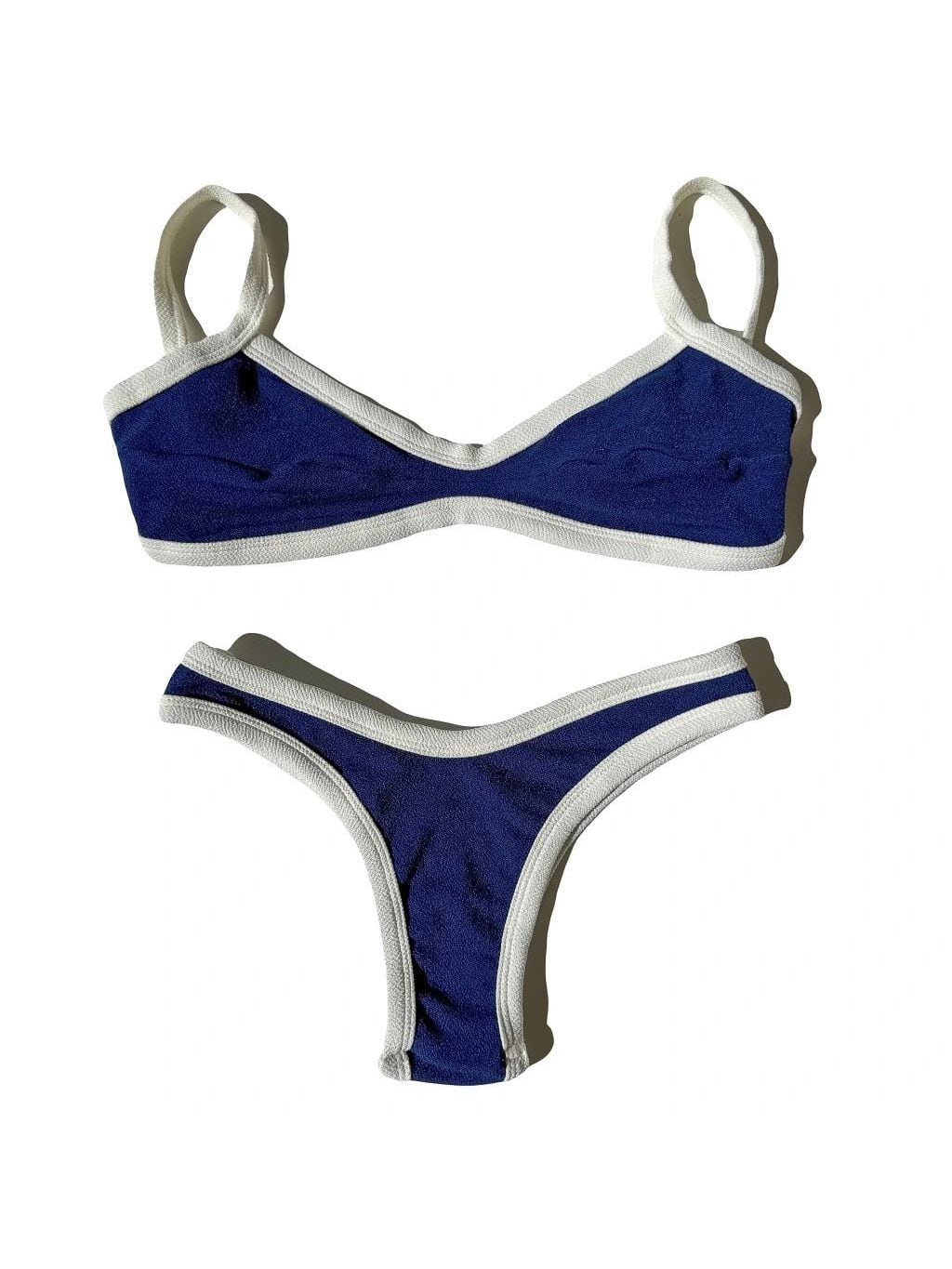 Portofino bikini laid flat, in deep blue and off-white
