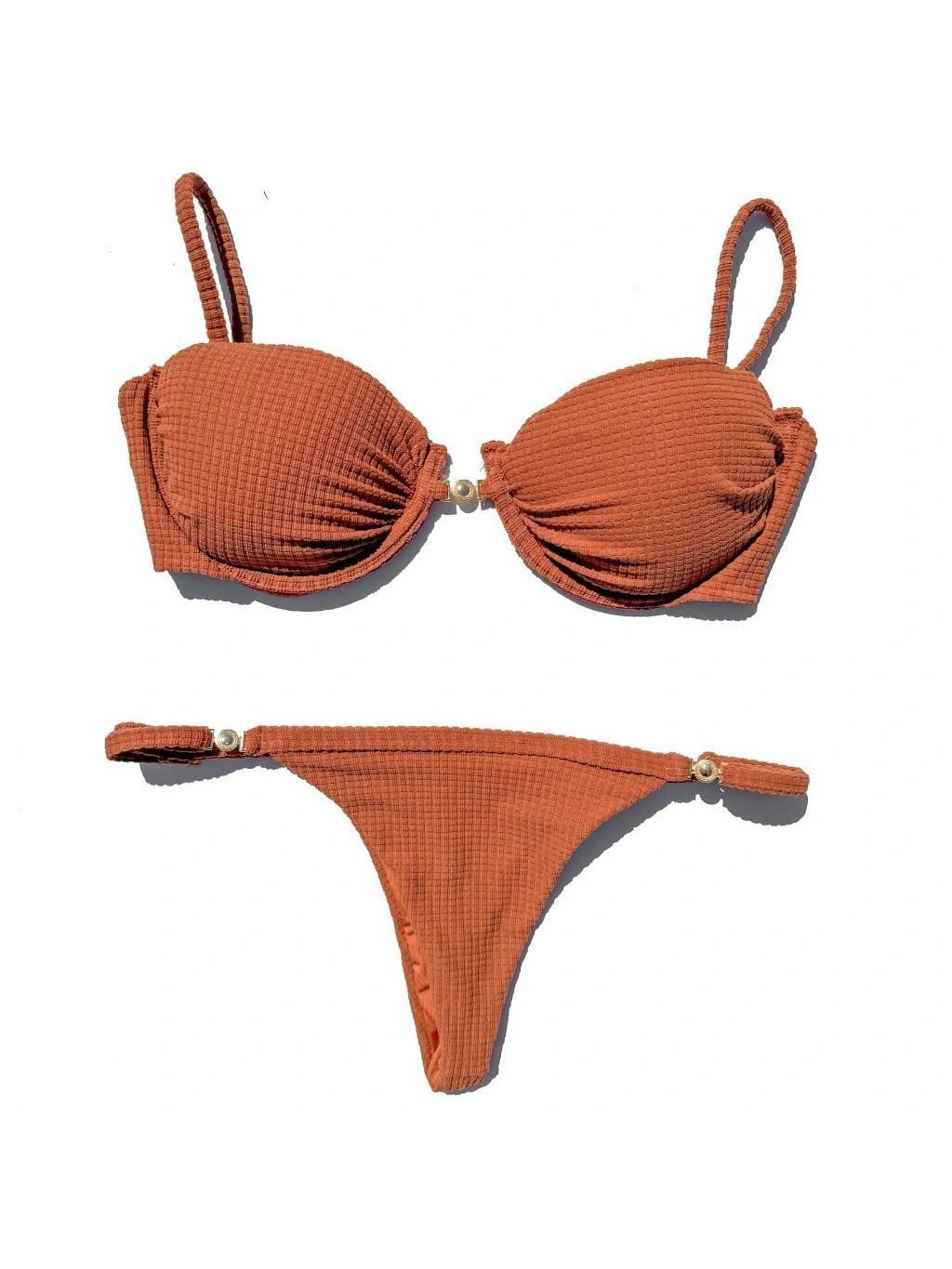 Vinci bikini laid flat, in terracotta brown