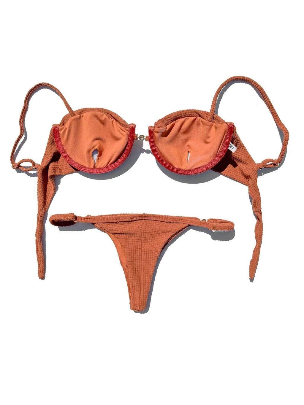 Vinci bikini laid flat, in terracotta brown